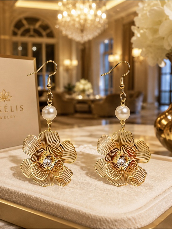 Anthropologie Jewelry - Anthropologie Gold Flower Drop Earrings with Pearl